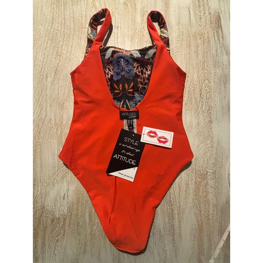 NWT Attitudes by Renee‎ One Piece Swimsuit Womens XS Orange Reversible Floral